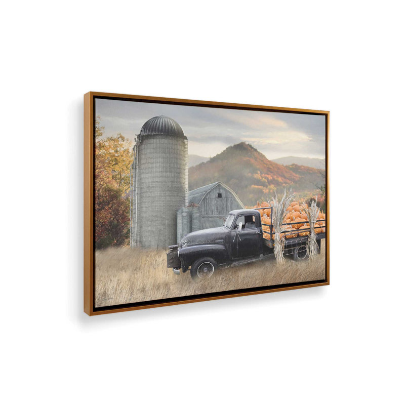 «Autumn at the Pumpkin Farm» par Lori Deiter, reproduction d'art, L 32 po x H 24 po, Or, Framed Canvas
