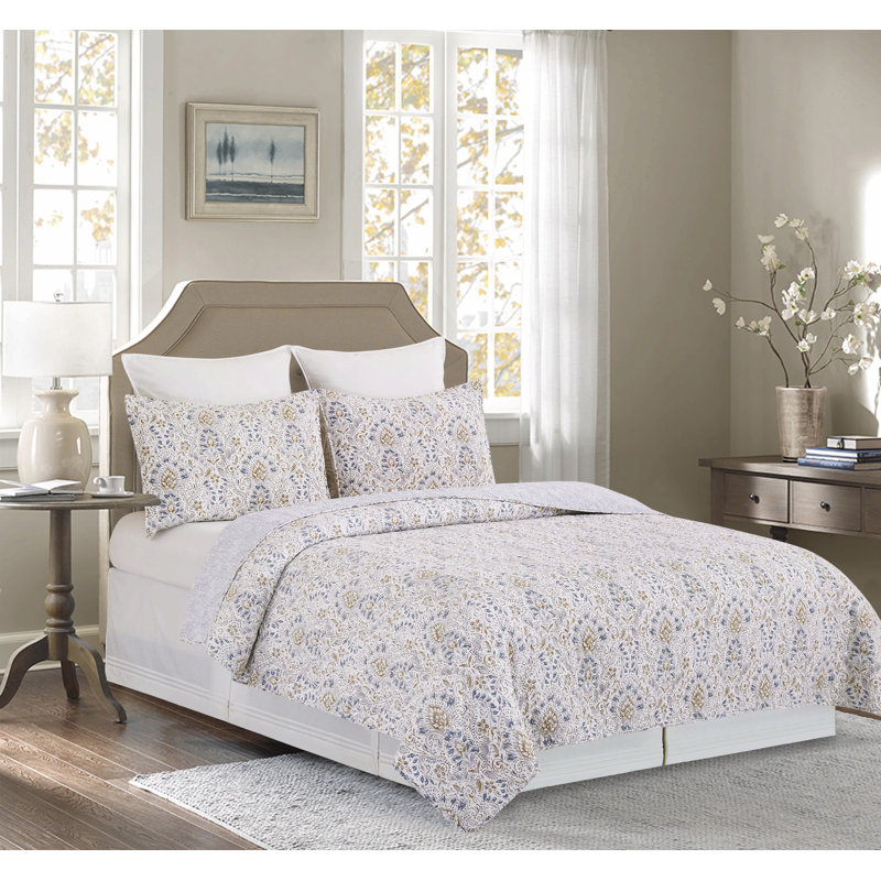 Ensemble de courtepointe réversible en coton bleu / beige / jaune Selma, Courtepointe très grand + 2 taies décoratives