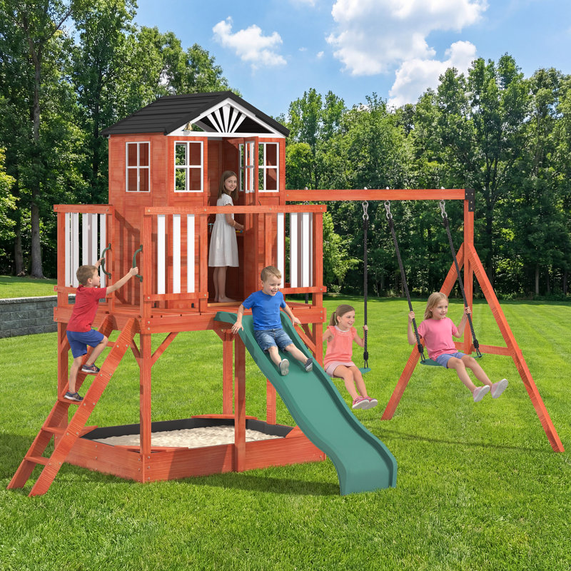 Ensemble de balançoire en bois pour enfants avec cabane surélevée, toboggan, balançoires à ceinture et bac à sable