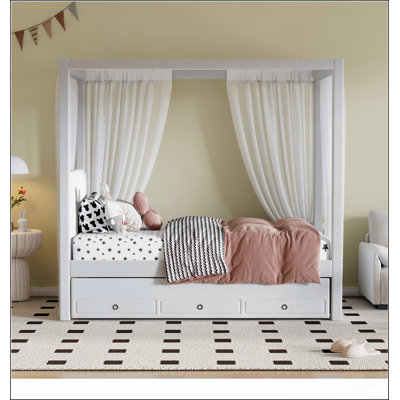 Lit plateforme simple à baldaquin avec lit gigogne et trois tiroirs de rangement, beige, parfait pour un design compact et élégant