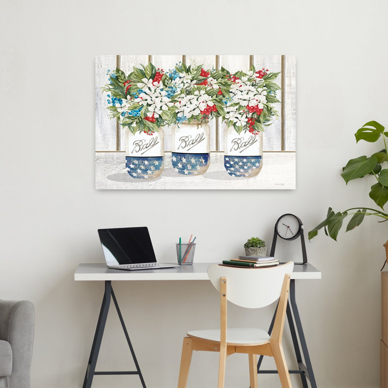 Art floral contemporain rouge, blanc et bleu, H 24 po x l 36 po