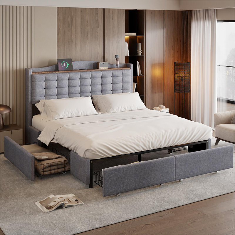 Baun Upholstered Storage Bed, European Kingsize (160 x 200cm), Blue / White / Grey