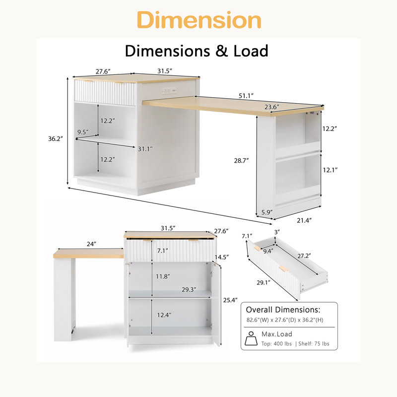Îlot de cuisine cannelé 82,6 po avec table de salle à manger extensible pour 4 à 6 personnes, table d'îlot de cuisine avec prise de courant, table de cuisine avec rangement double-face