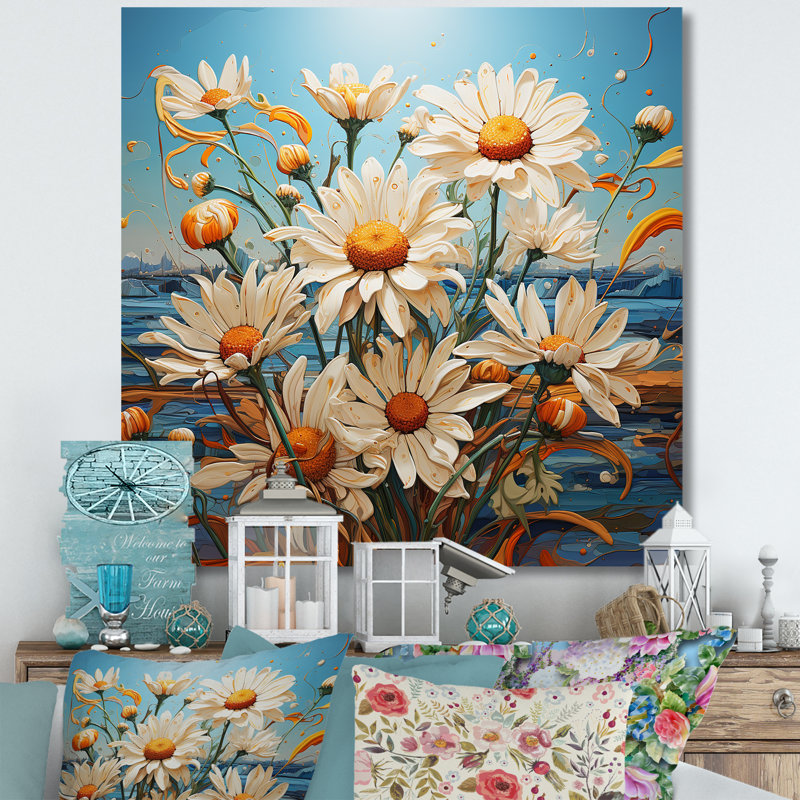 Fleurs blanches sur fond bleu côtier - marguerites blanches, H 36 po x l 36 po x P 1,5 po, Toile tendue