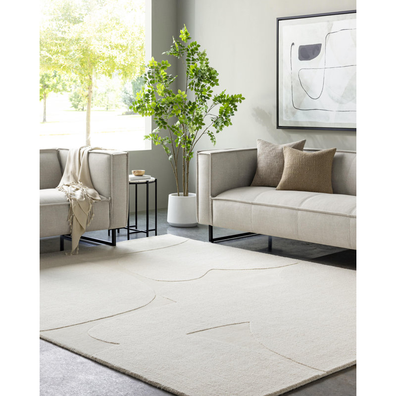 Rectangle Solid Color Hand Tufted Wool Area Rug in Beige, Rectangle 5' x 7'6"