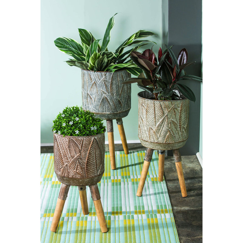 Boîte à fleurs embossée avec pieds en bois, ensemble de 3