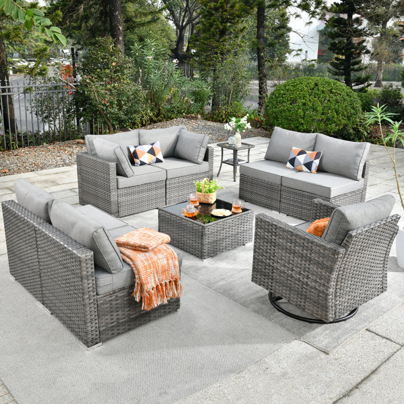 Ensemble de conversation d'extérieur 7 personnes avec coussins Rebbecca, Gris foncé