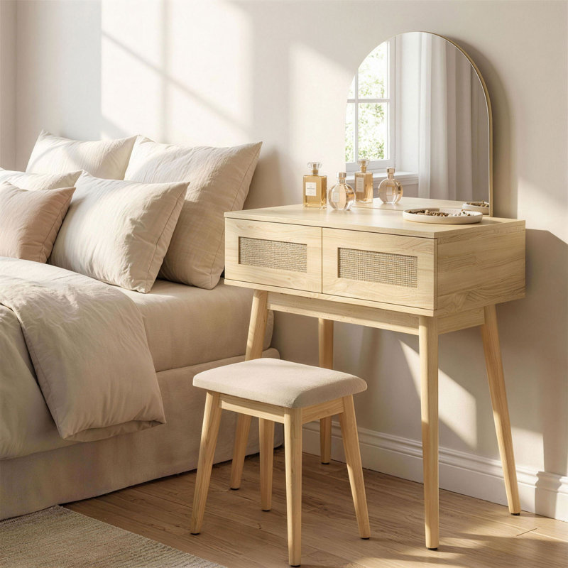 Bureau de coiffeuse avec miroir, coiffeuse de maquillage avec 2 tiroirs, bois naturel
