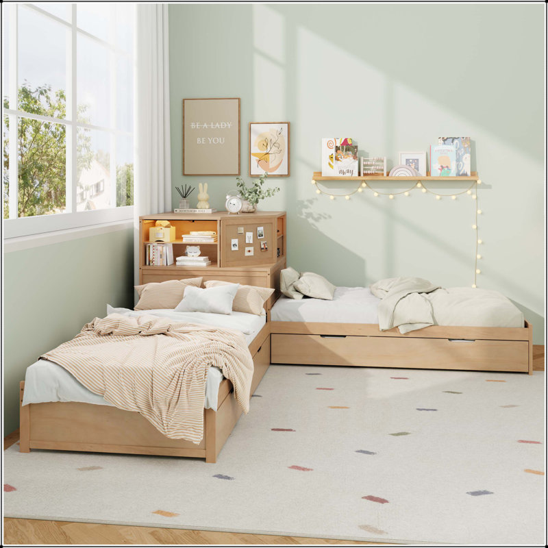 L-Shaped Combination Twin Bed with Trundle and Drawer, Natural