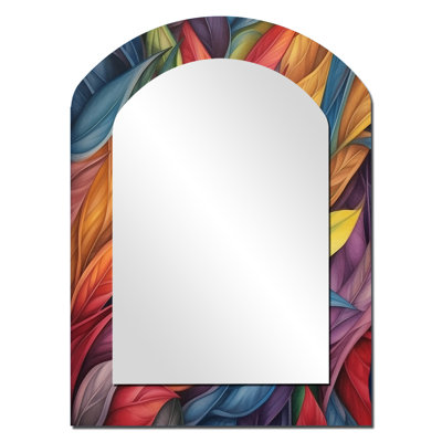 Vintage Rainbow Pastel Leaves Boho Watercolor II - Abstract Painting Asymmetrical Decorative Mirror, Modern Arch Wall Mirror, Printed Metal Art