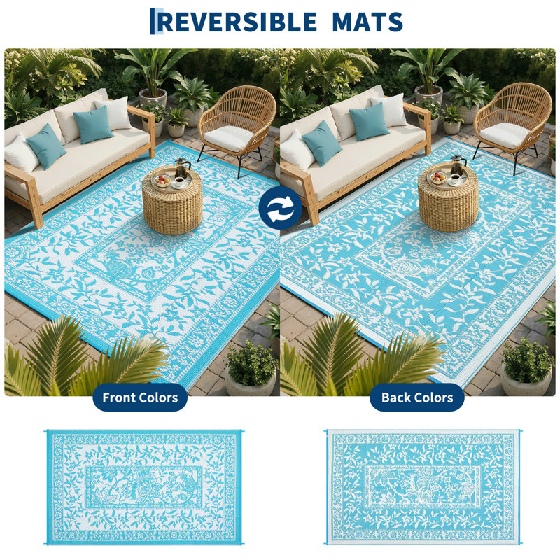 Reversible Outdoor Area Rug, Waterproof, Easy Clean, UV Resistant Patio Mat, Washable Garden Carpet for Beach, Porch, Backyard