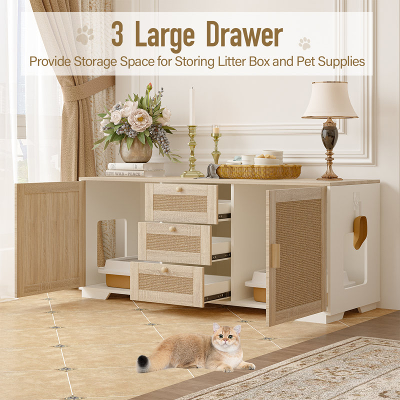 Natural Wood Cat Litter Box Enclosure with Scratching Pad and Drawers