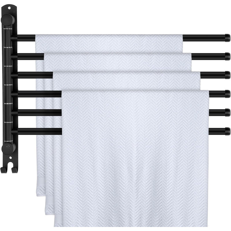 Porte-serviettes pivotant à 6 bras en acier inoxydable 304 noir, fixation murale, design pivotant peu encombrant, acier inoxydable 304 antirouille, crochet inclus