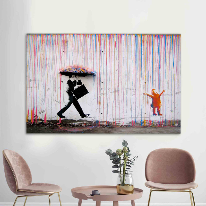 Art mural abstrait abstrait en verre trempé sur le thème de la pluie avec parapluies colorés pour une décoration moderne