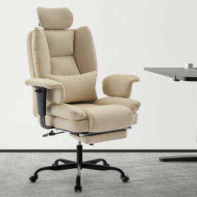 Chaise de bureau ergonomique en similicuir de 200 kg avec support lombaire et dossier haut, chaise de bureau ergonomique avec appui-tête relevable, beige