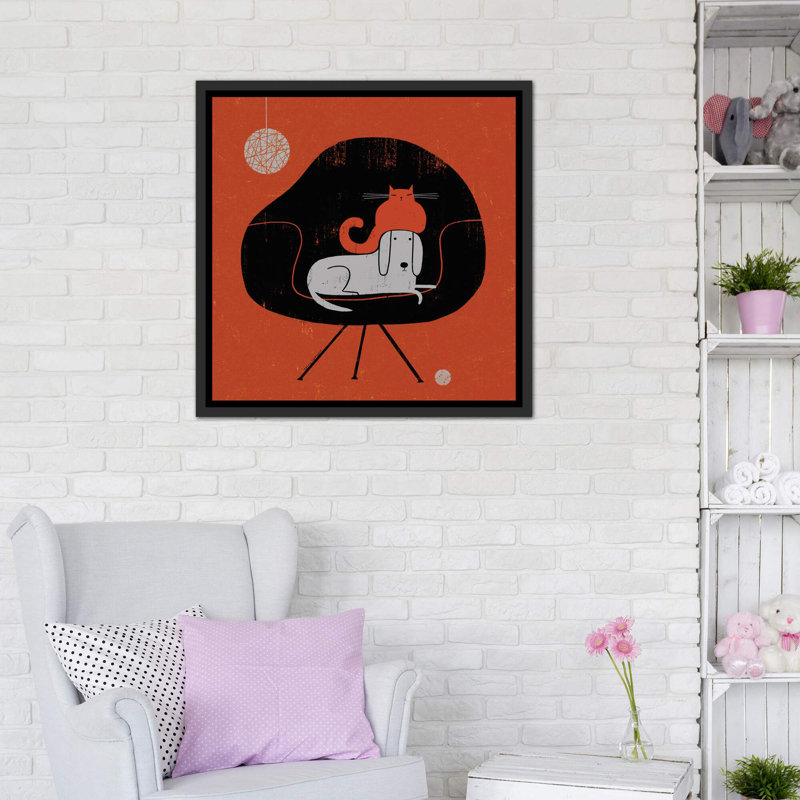 «Retro Nap» par Terry Runyan - impression, Pas de tapis, Toile avec cadre noir patiné, H 37 po x l 37 po x P 1,5 po
