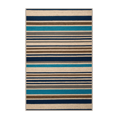 Washable Ocean Blue Sand Striped Area Rug