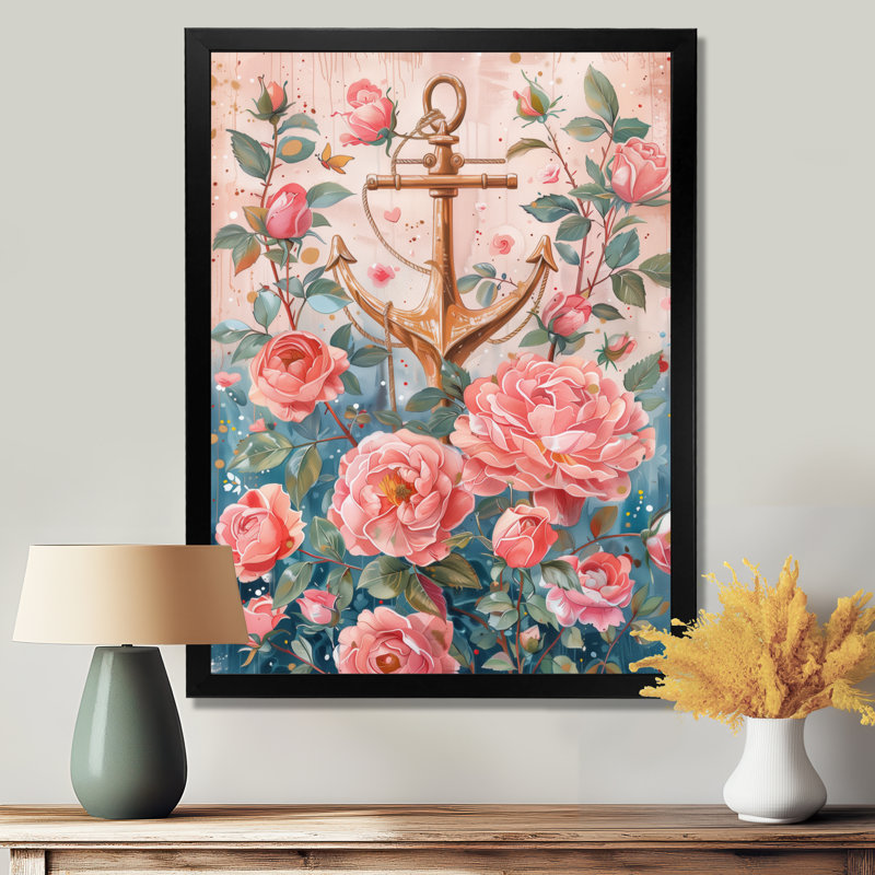 Rose, vert, bord de mer rétro, ancre roses II - art mural bord de mer, Toile encadrée noire simple