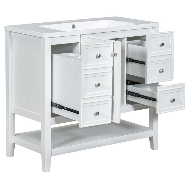 Meuble-lavabo 36 po avec lavabo, une armoire et trois tiroirs, panneau de bois massif et panneau de fibres à densité moyenne
