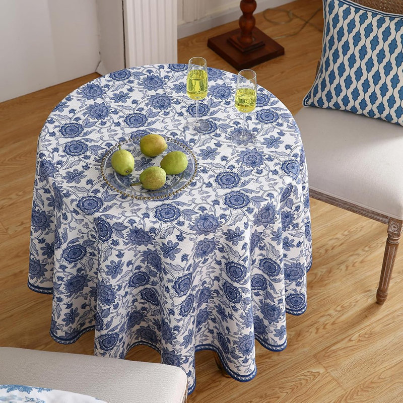 Nappe bleue pour tables rondes, lin rétro élégant avec des nappes à motif floral cachemire, housse de table en tissu Farmhouse