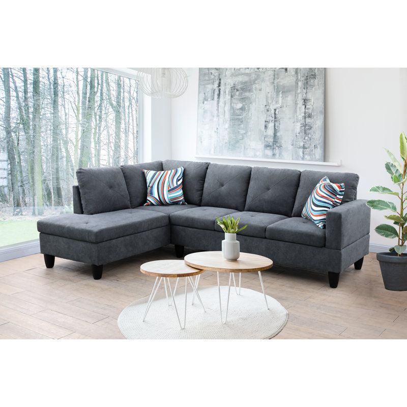 Upholstered L-Shaped Sectional, Stone Gray Velvet, Left Hand Facing