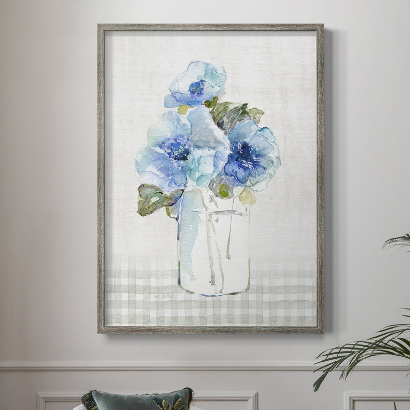 «Gingham Blue Flowers I», reproduction encadrée - bois massif 48672, H 30 po x l 24 po