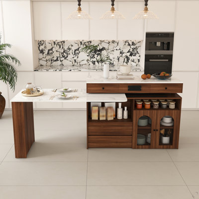 Îlot de cuisine avec table extensible et rotative, panneau de fibres à densité moyenne avec placage de noyer au design rétro, 4 tiroirs et armoires à portes en verre avec prise intégrée, poste de salle à manger extensible pour 2 à 4 personnes
