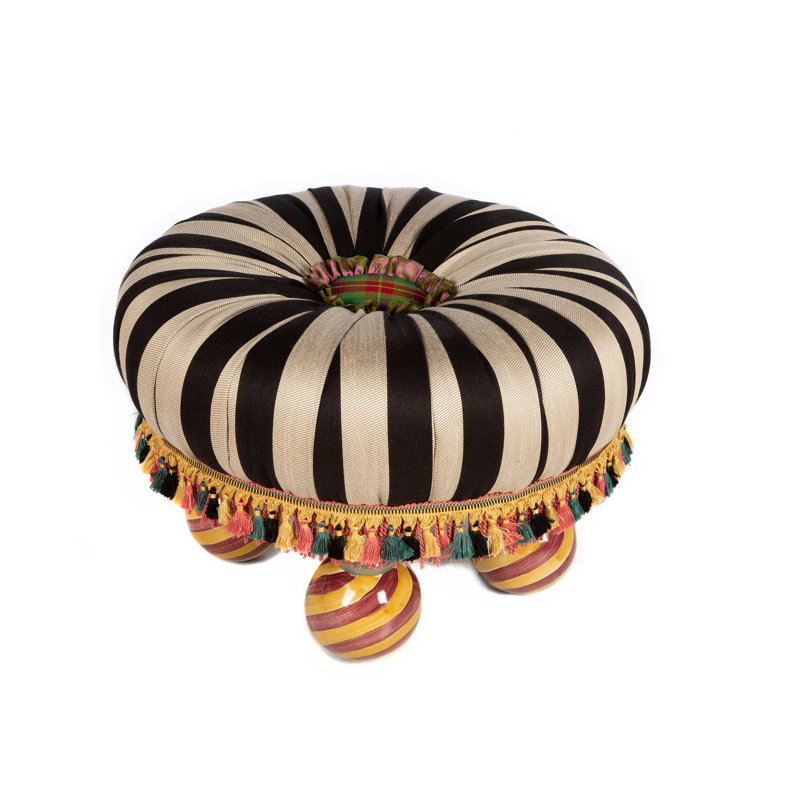 Classic Black and Beige Striped Satin Round Tuffet with Ceramic Legs