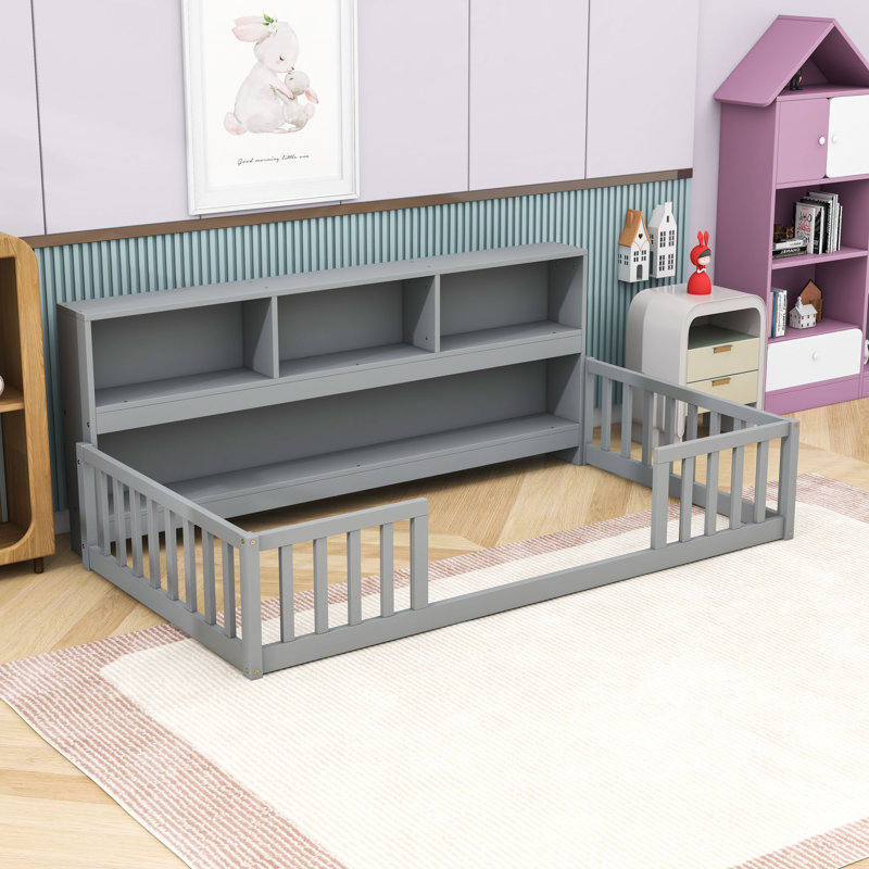 Wooden Floor Bed With Guardrails And Shelves, Twin, Gray