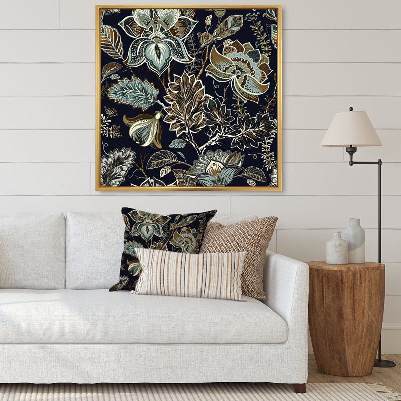 Fleurs rétro vertes foncées de style provençal - impression sur toile, H 37 po x l 37 po x P 1,5 po, Cadre doré