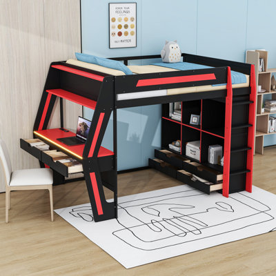 Lit mezzanine avec bureau, lumières DEL, ports USB, casiers de rangement et tiroirs