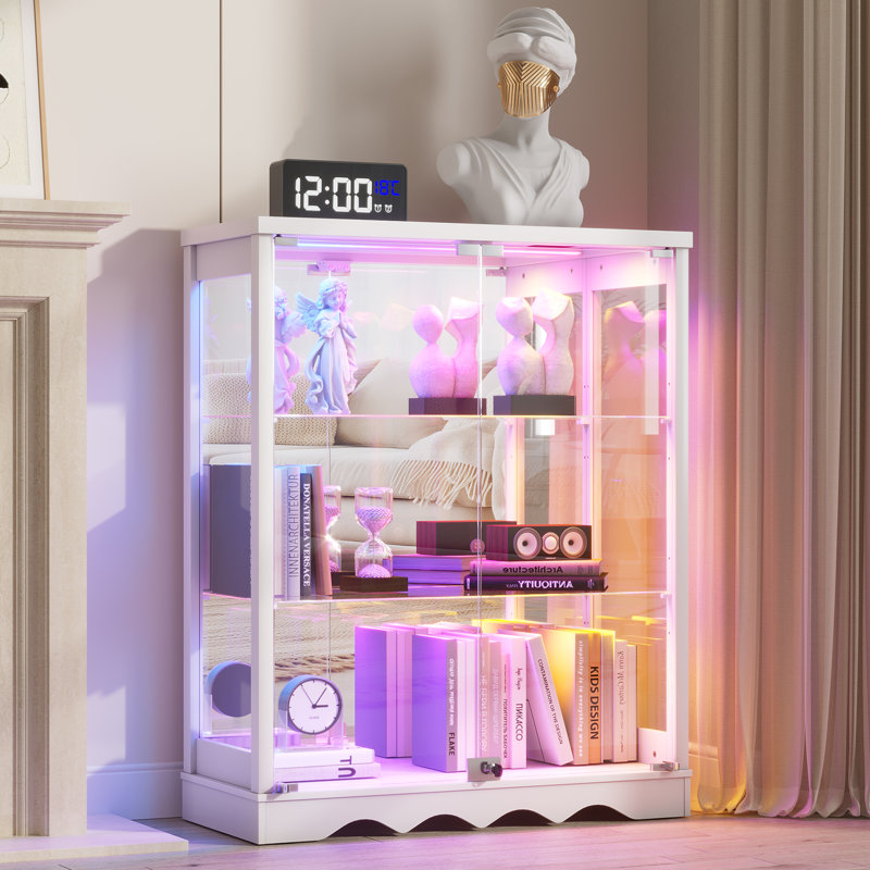 Vitrine en verre 31 po à 3 niveaux avec lumières RVB et capteur de corps humain, Blanc