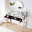 Table de coiffeuse à miroir argenté avec lumières DEL et miroir, 2 tiroirs spacieux, tablette ouverte, point de charge de la chambre à coucher, lumières de bureau de maquillage 33,9 po, station pour grands tiroirs