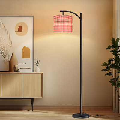 Arc Floor Lamp with Adjustable Lampshade Red White Gingham Check Design Checkered Standing Lamp 3 Color Temperatures Dimmable Tall Pole Lamp with Foot Switch for Bedroom