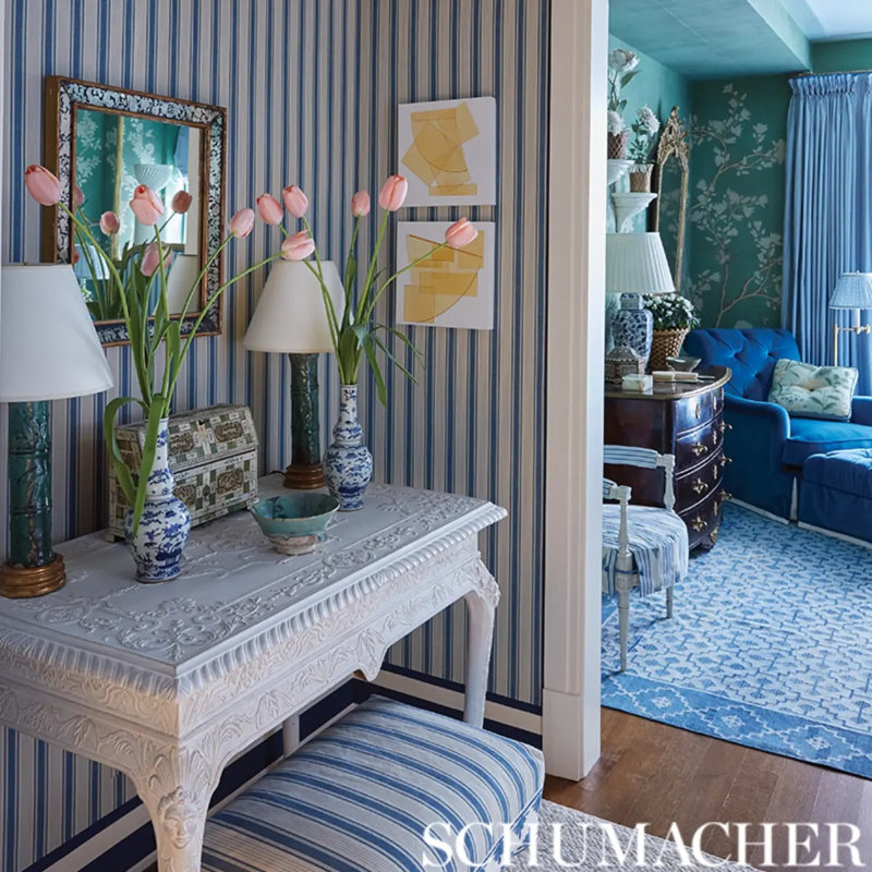 Schumacher x Mark D. Sikes Ojai Stripe Fabric, Prussian Blue