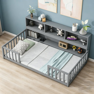 Twin Floor Bed With Bedside Bookcase, Shelves, And Guardrails For Small Spaces