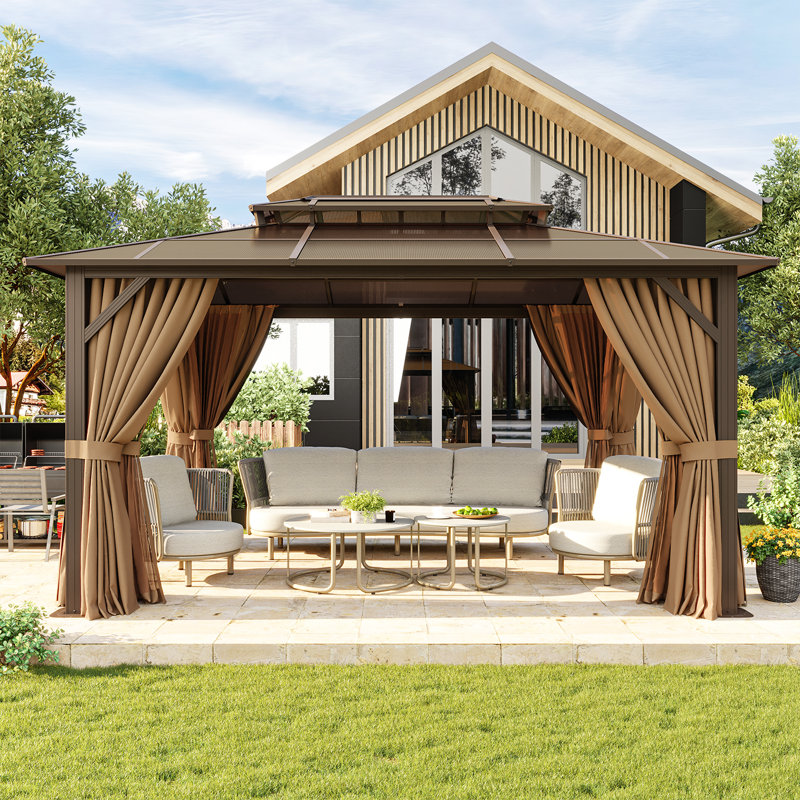 14 Ft. W x 10 Ft. D Metal Frame Patio Gazebo with Polyethylene Double Roof, 14 Ft. W x 10 Ft. D, Brown