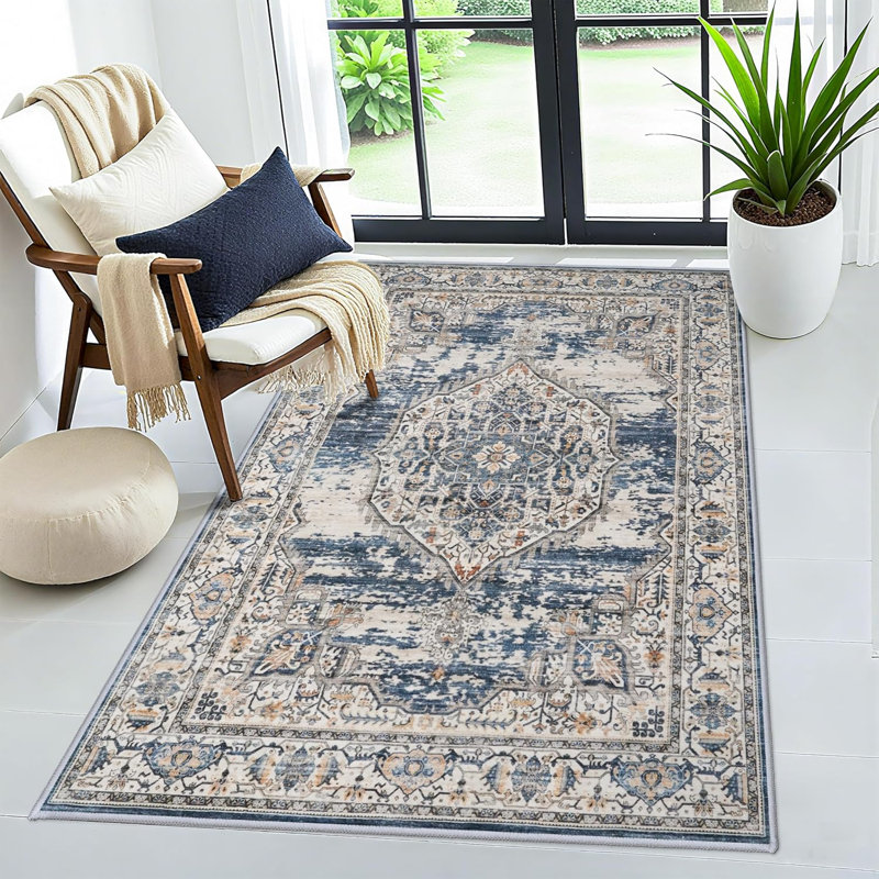 Area Rug Washable Large Living Room Area Rugs - Machine Washable Stain Resistant Rug - Soft Low Pile Carpet for Bedroom Dining Room Blue