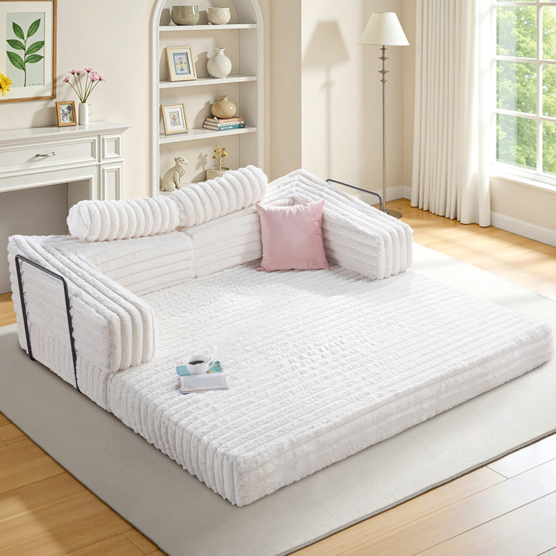 Boneless Foldable Sofa Bed, Convertible Floor Sofa With Plush Faux Fur, No Assembly Mattress Couch For Living Room, Apartment, Bedroom