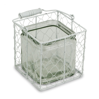 5.5" White and Clear Wire Basket Glass Jar