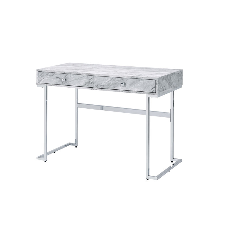 Bureau en Tigress blanc avec faux marbre imprimé et bureau à finition chromée (sans la chaise de bureau)