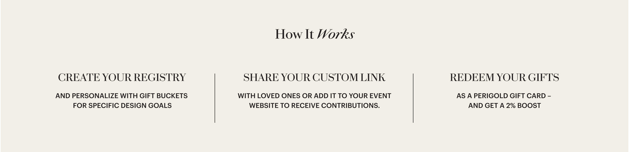 How It Works: Create your registry and personalize with gift buckets for specific design goals. Share your custom link with loved ones or add it to your event website to receive contributions. Redeem your gifts as a Perigold gift card and get a 2% boost.