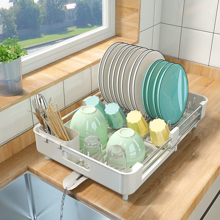 Dish Drying Rack, Kitchen Dish Drainer Rack, Expandable(13.2-19.7)  Stainless Steel Sink Organizer Dish Rack and Drainboard Set with Utensil  Holder