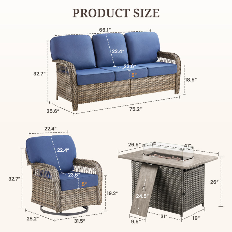 6-Piece Wicker Patio Furniture Set With 41'' Fire Pit Table, High Back Outdoor Furniture With Swivel Chairs, All-Weather Wicker Patio Conversation Set For Deck Yard Pool