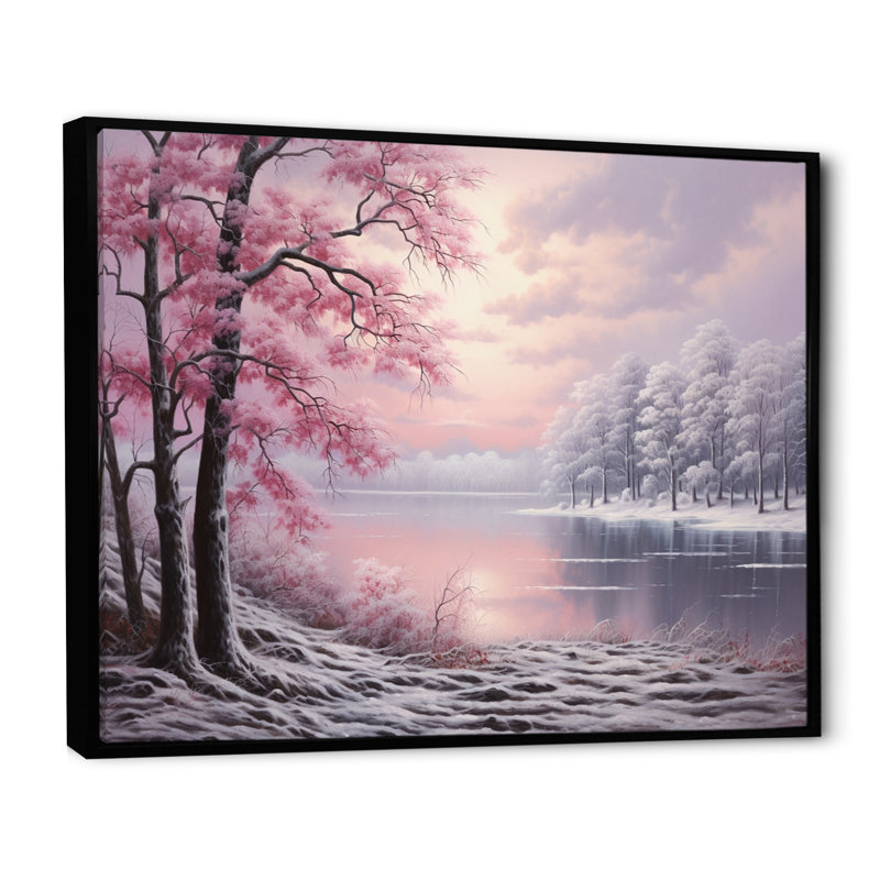 «Pink Winter Trees By The Riverside», reproduction sur toile, H 16 po x l 32 po x P 1 po, Cadre flottant noir