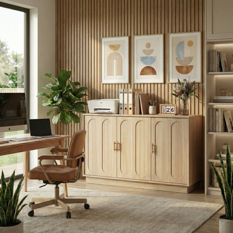 46.6" Modern 3 Door Storage Cabinet, Light Oak Sideboard Buffet Cabinet With Gold Handles, Large Fluted Wood Accent Credenza For Dining Room, Living Room, Coffee Bar