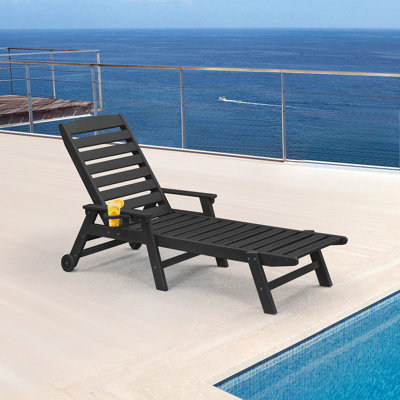 SeeHill HDPE Patio Chaise Lounge Chair, Adjustable Outdoor Lounger, 5 Positions Poly Lounge Chair with Wheels & Cup Holder, HDPE Outdoor Patio Lounge Chairs for Backyard, Deck, Beach, Pearl