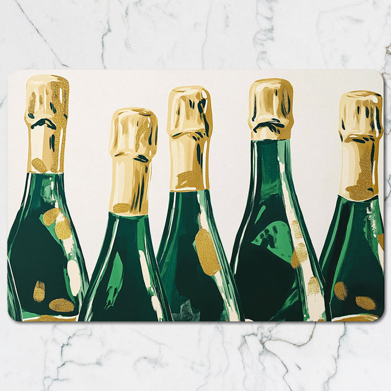 Champagne Bottle Placemats And Coaster Set Green Gold Design