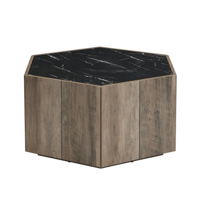 Table basse rustique en bois hexagonal avec tiroirs cachés et plateau en marbre noir texturé