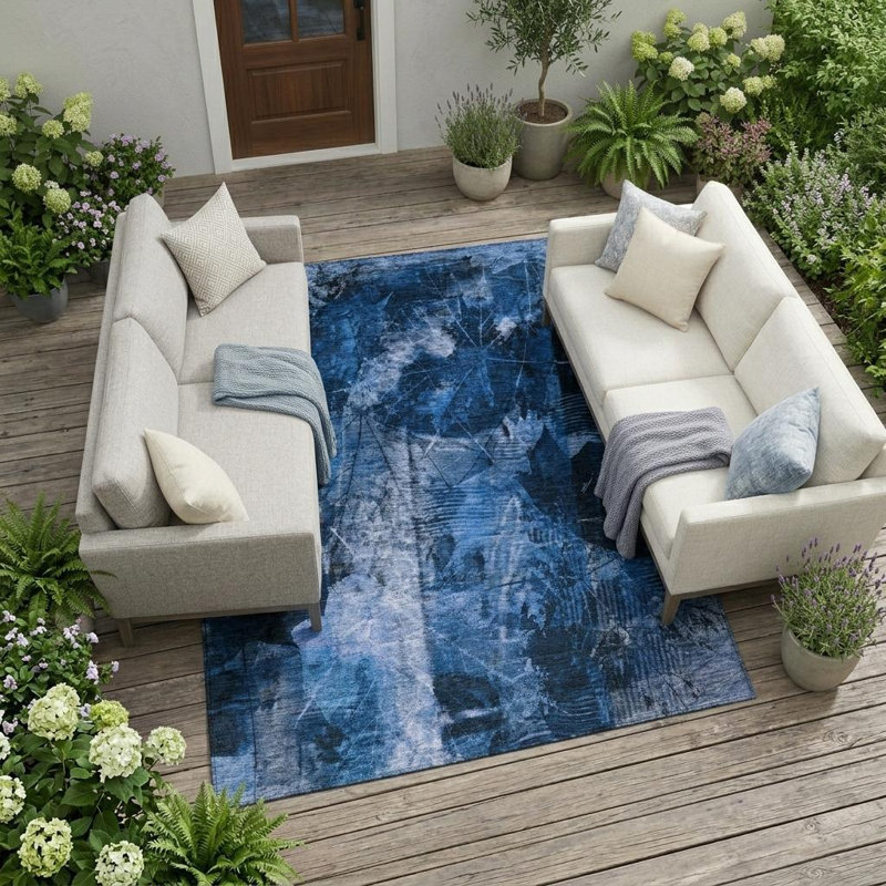 Tapis extérieur lavable antidérapant floral bleu marine 9 pi x 12 pi